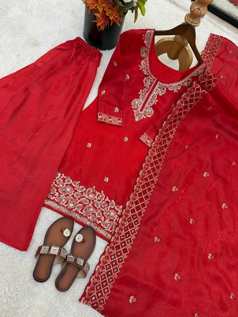 Embroidered Chinon Silk Palazzo Sharara Set