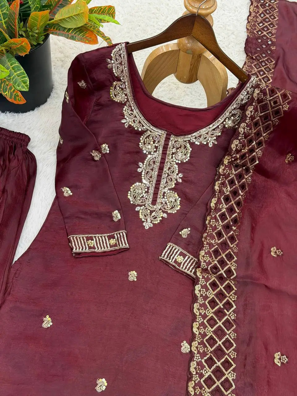 Embroidered Chinon Silk Palazzo Sharara Set