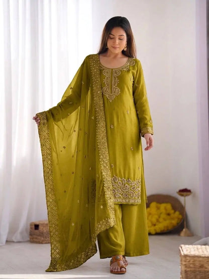 Embroidered Chinon Silk Palazzo Sharara Set
