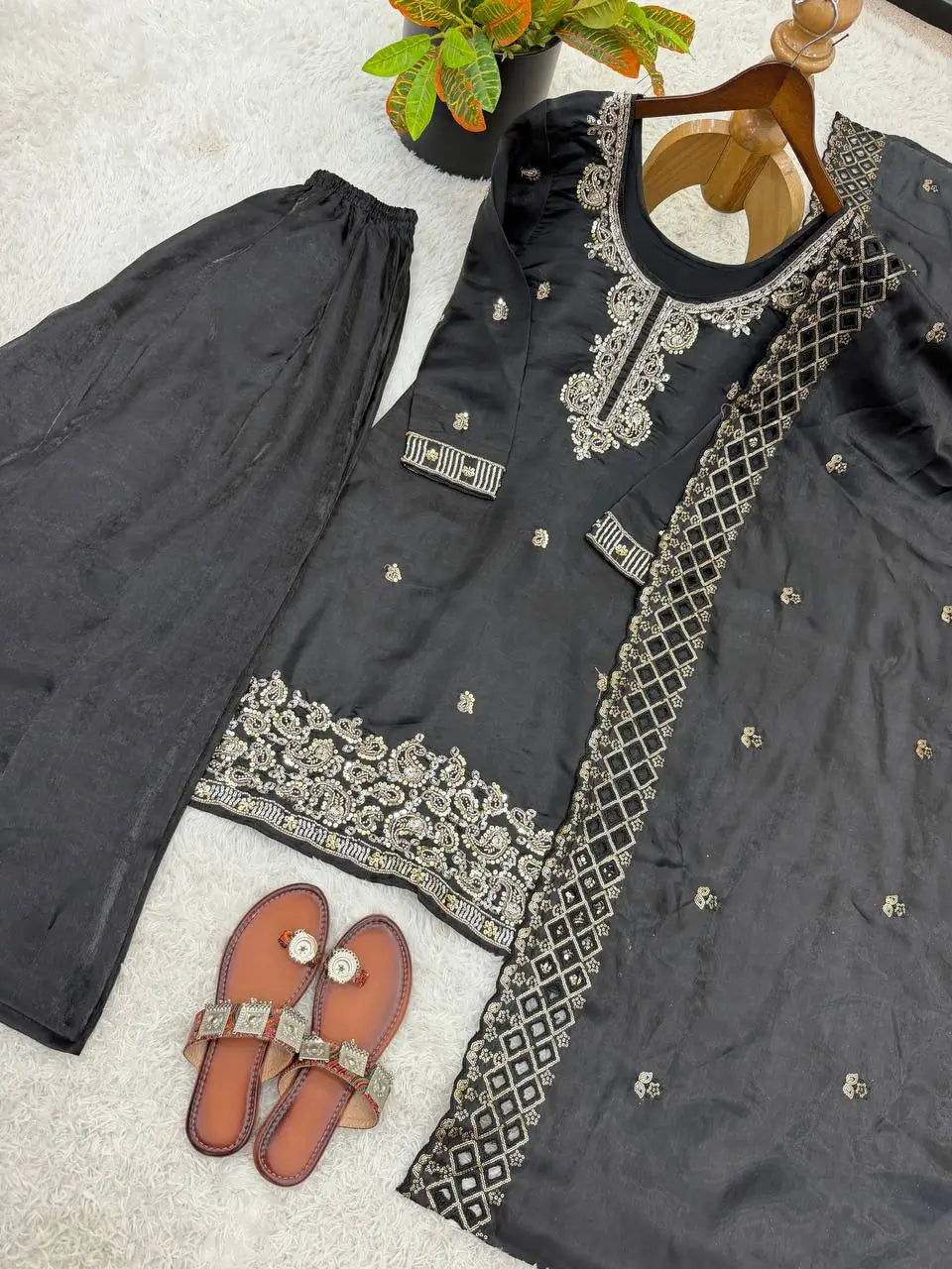 Embroidered Chinon Silk Palazzo Sharara Set