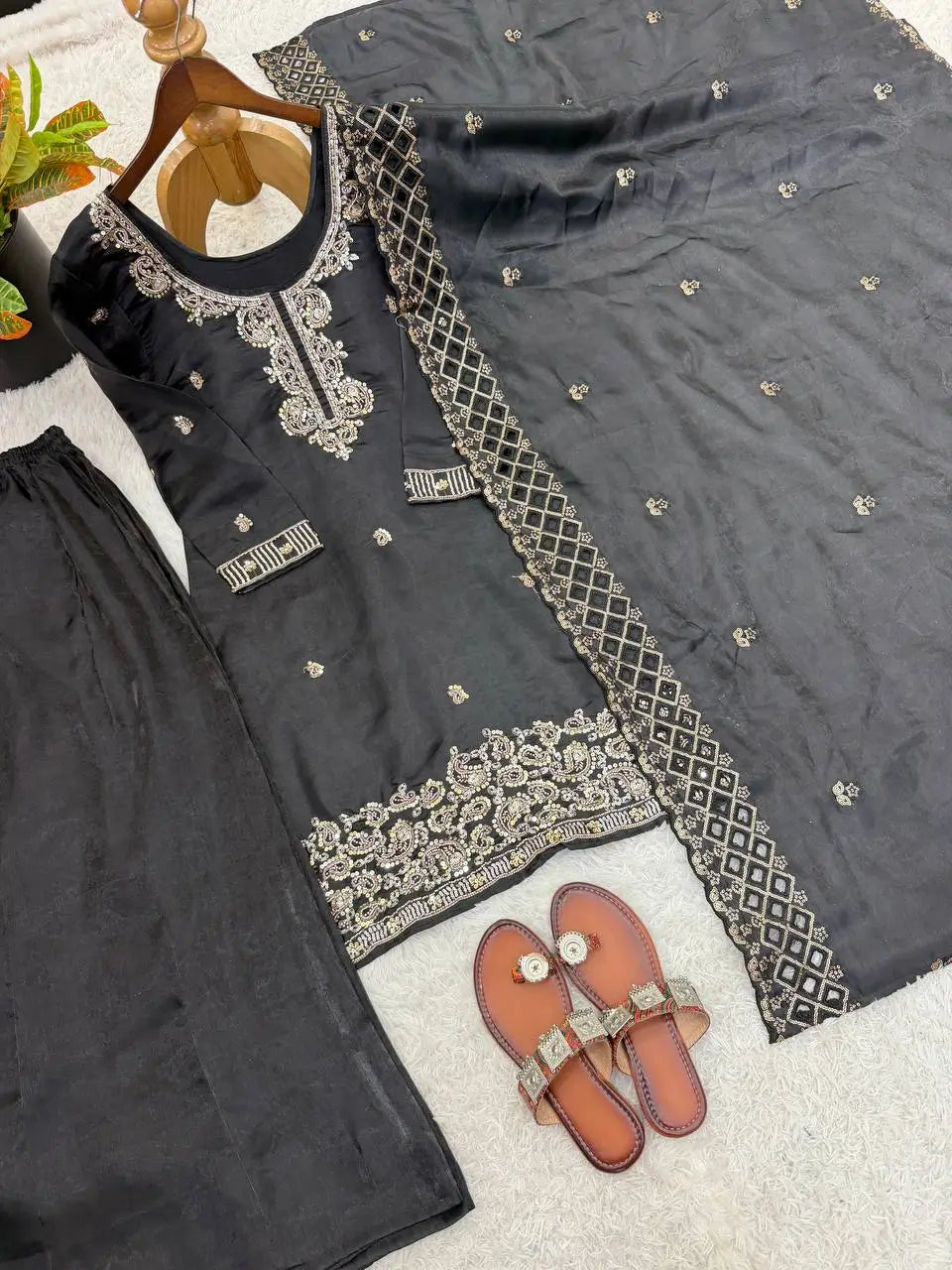 Embroidered Chinon Silk Palazzo Sharara Set
