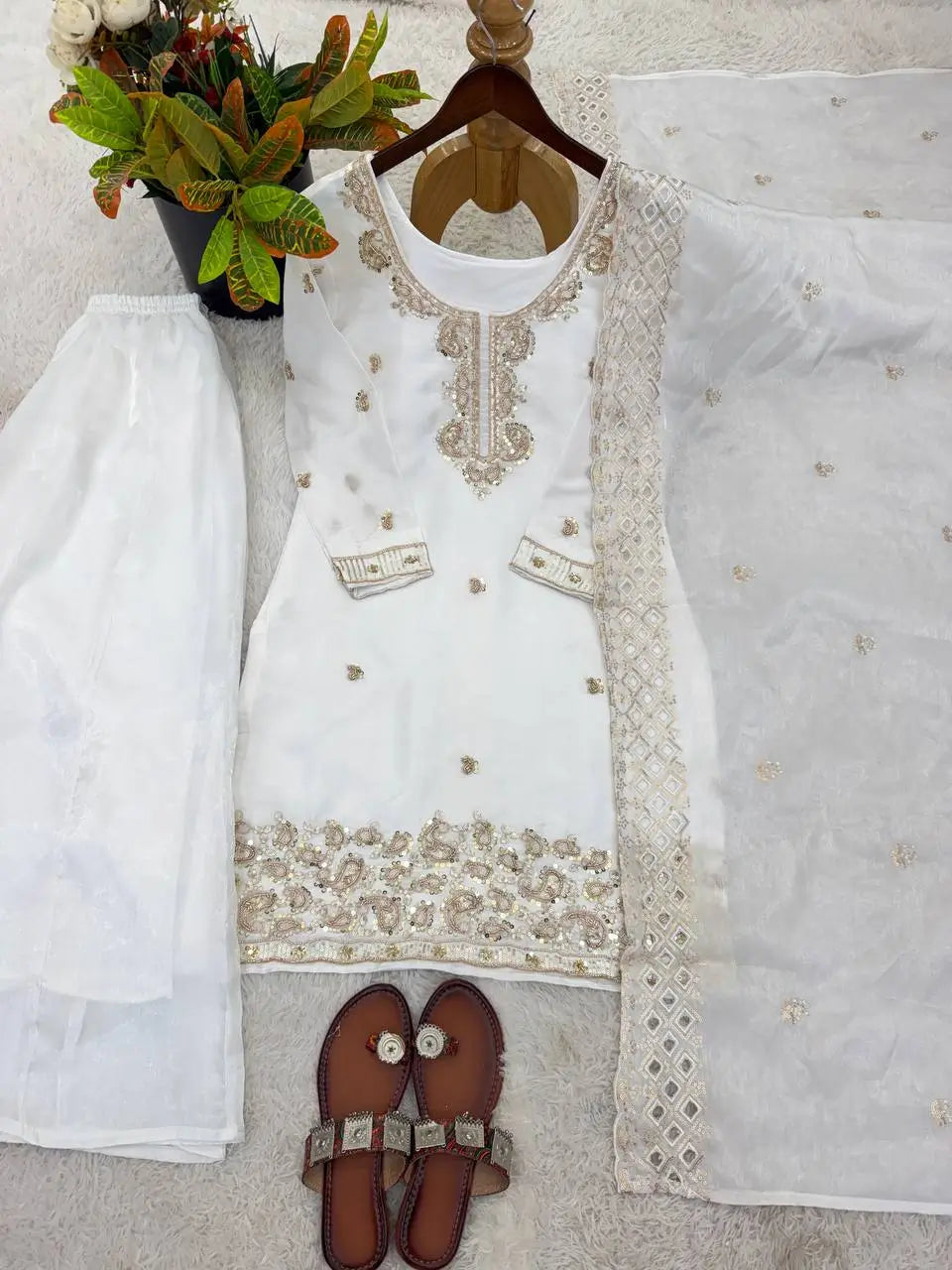 Embroidered Chinon Silk Palazzo Sharara Set