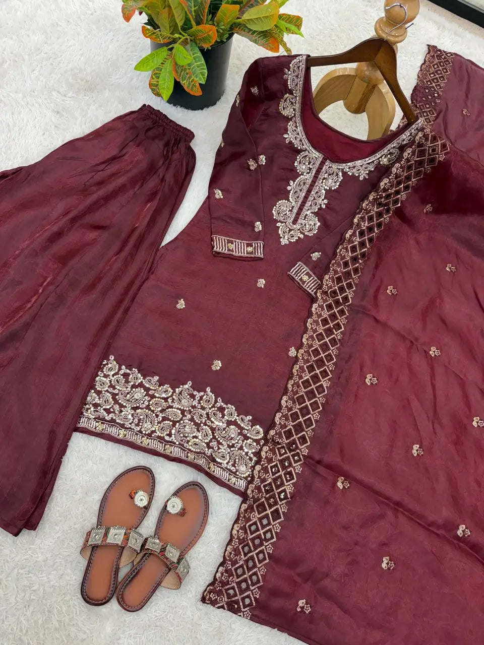 Embroidered Chinon Silk Palazzo Sharara Set