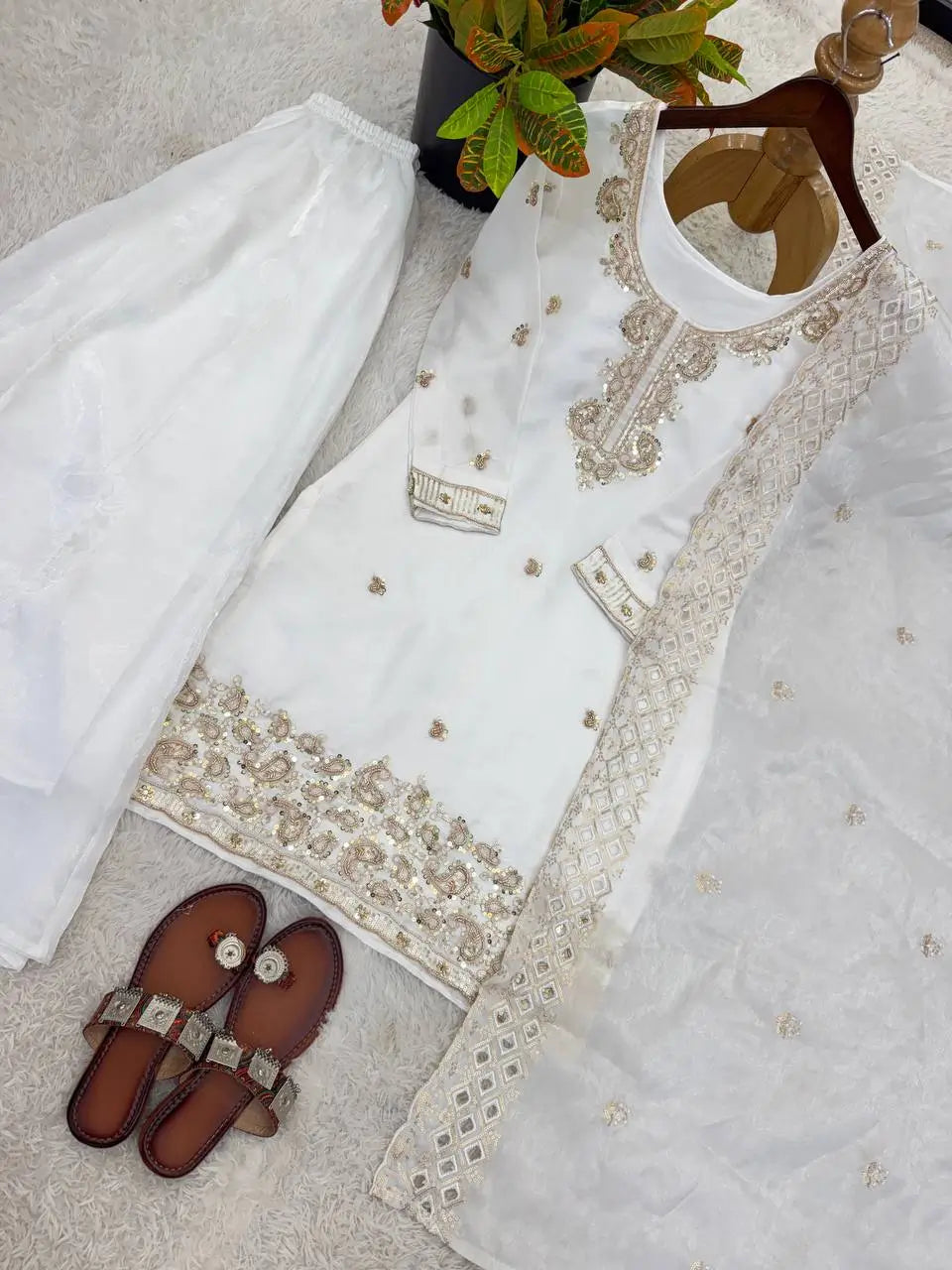 Embroidered Chinon Silk Palazzo Sharara Set