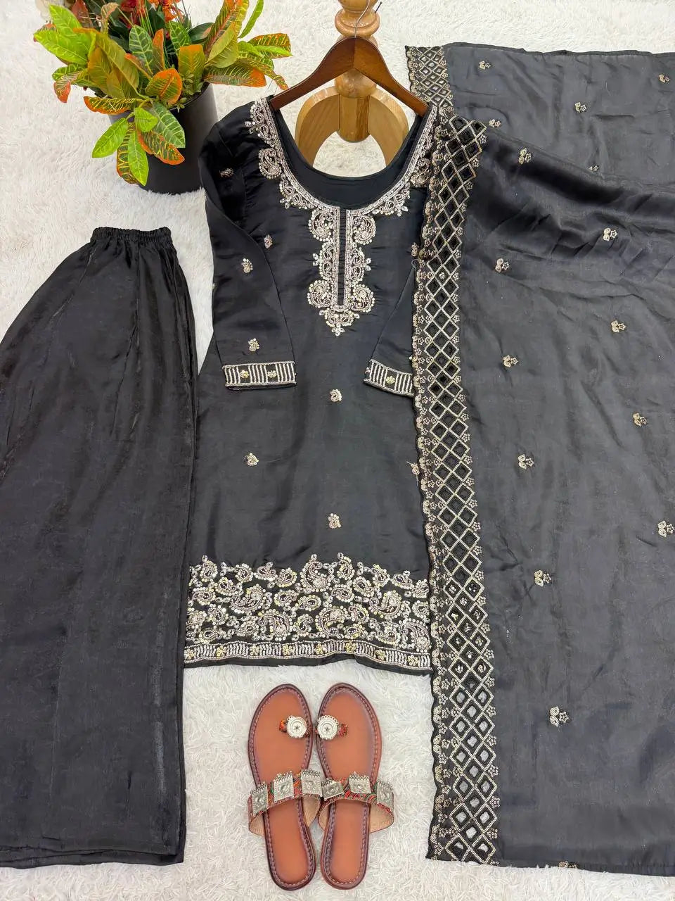 Embroidered Chinon Silk Palazzo Sharara Set