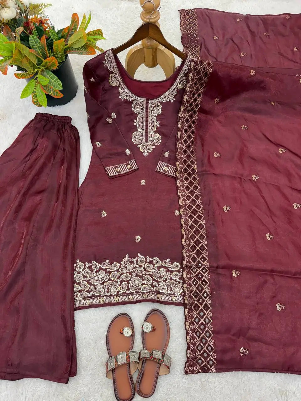 Embroidered Chinon Silk Palazzo Sharara Set