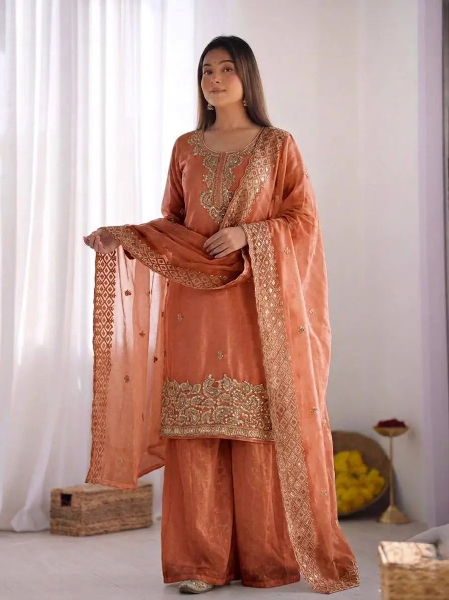 Embroidered Chinon Silk Palazzo Sharara Set