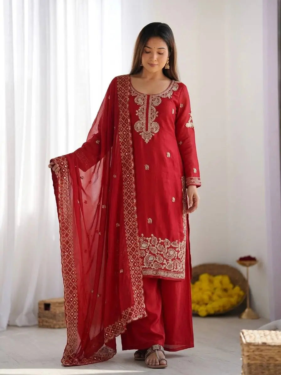 Embroidered Chinon Silk Palazzo Sharara Set