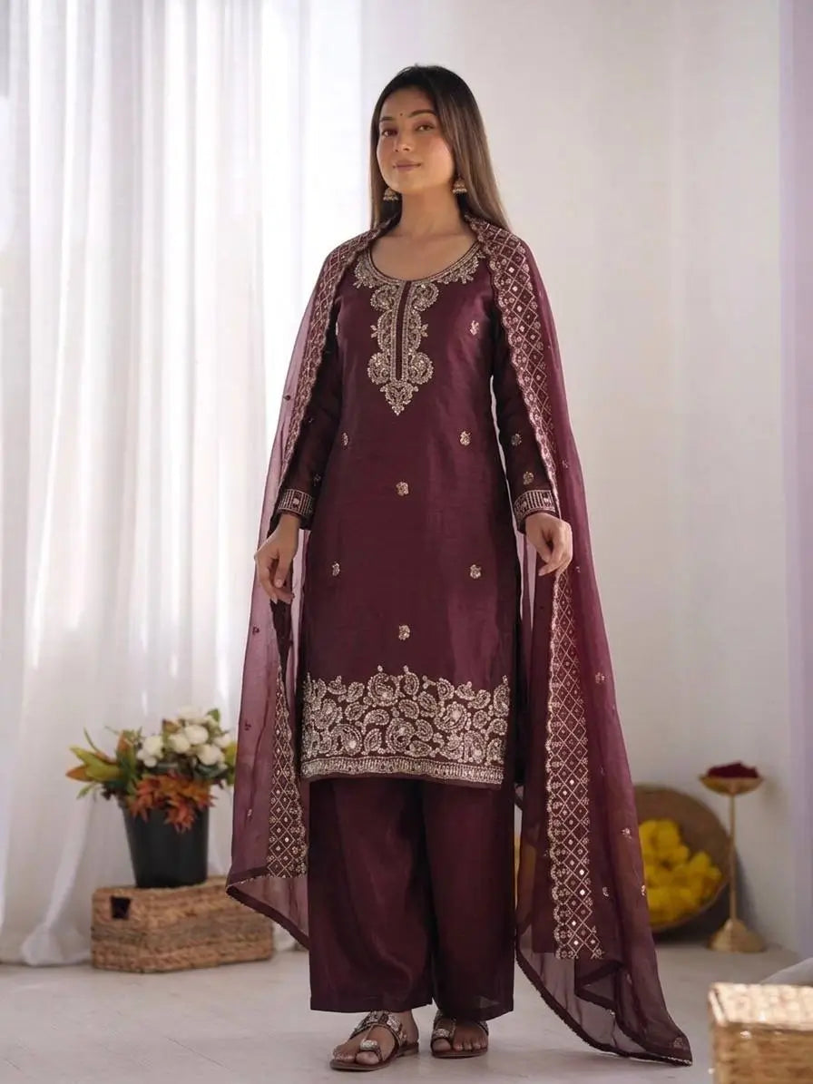 Embroidered Chinon Silk Palazzo Sharara Set