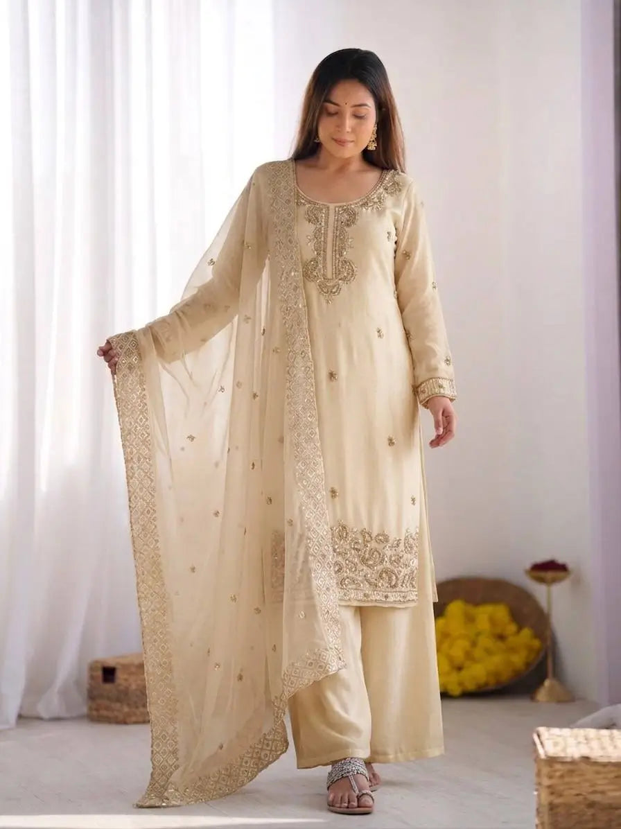 Embroidered Chinon Silk Palazzo Sharara Set