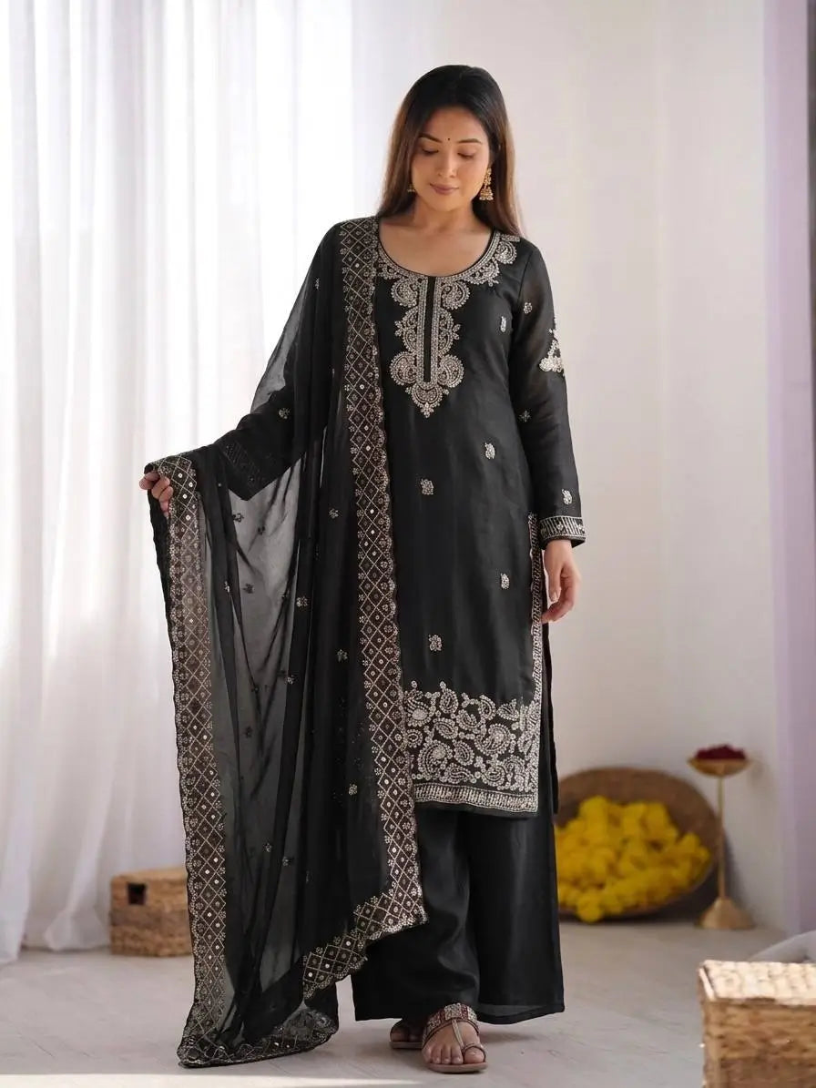 Embroidered Chinon Silk Palazzo Sharara Set