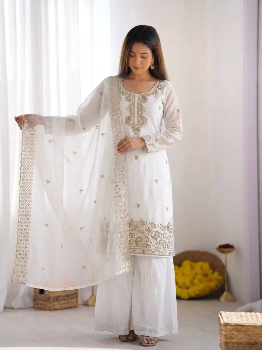 Embroidered Chinon Silk Palazzo Sharara Set