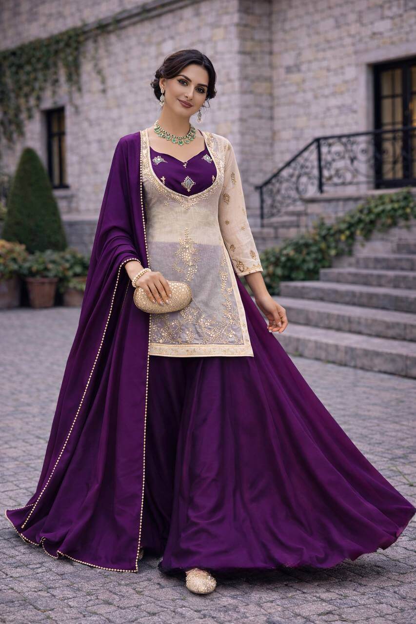 Embroidered Chinon Silk Palazzo Suit Set