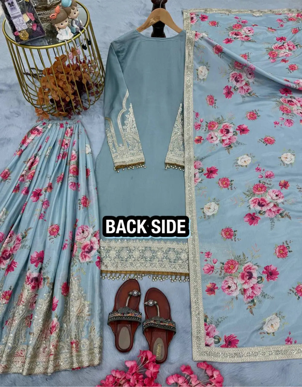 Embroidered Chinon Silk Palazzo Suit Set