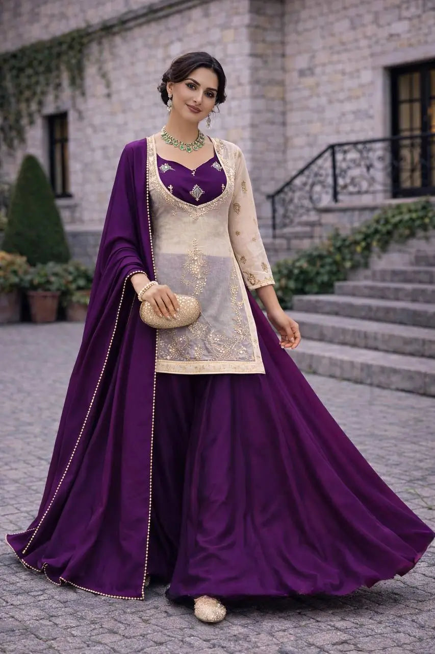 Embroidered Chinon Silk Palazzo Suit Set