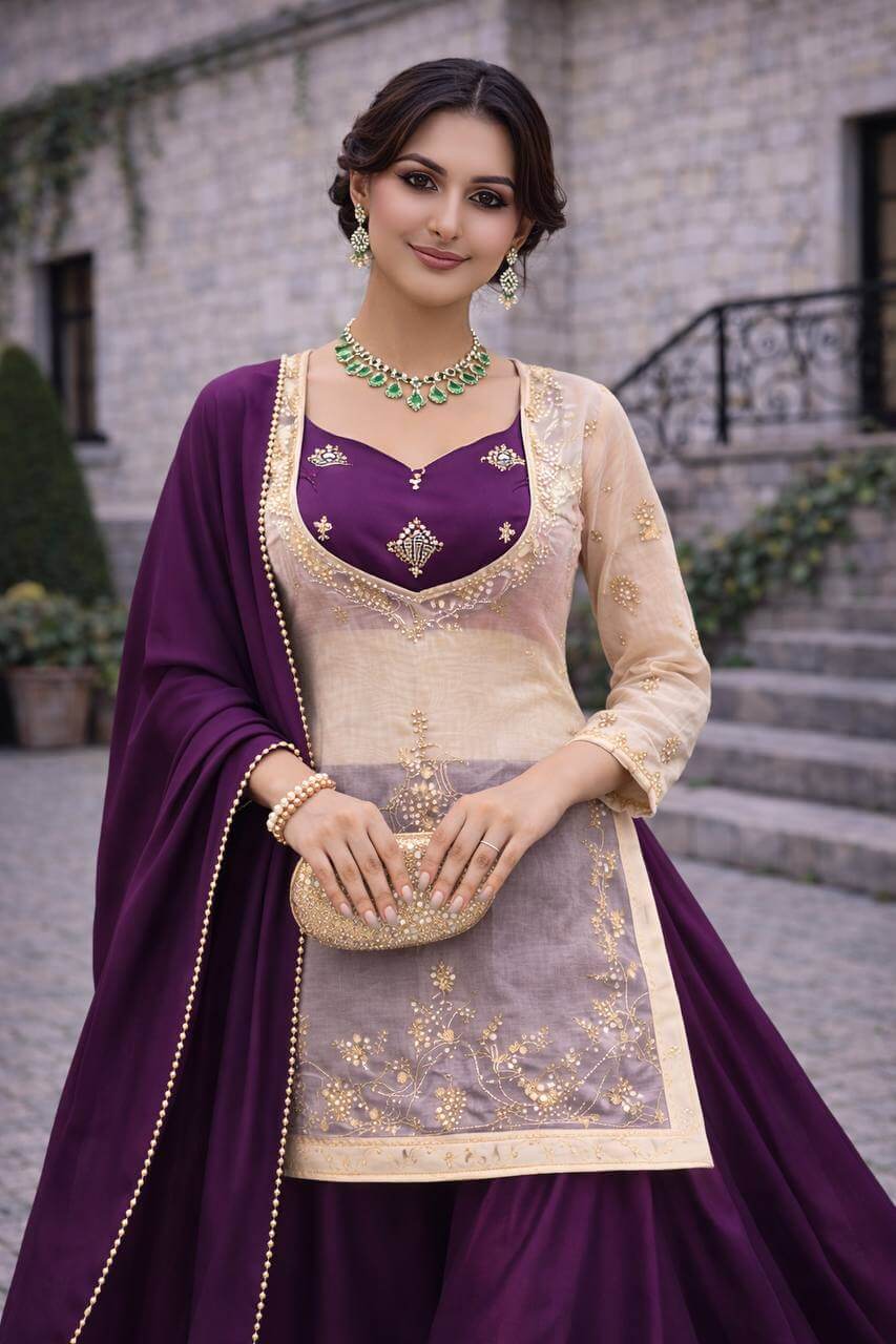 Embroidered Chinon Silk Palazzo Suit Set
