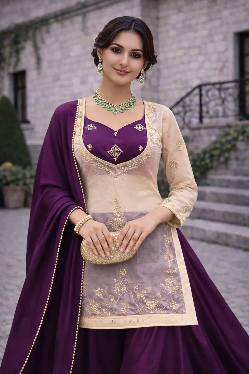 Embroidered Chinon Silk Palazzo Suit Set