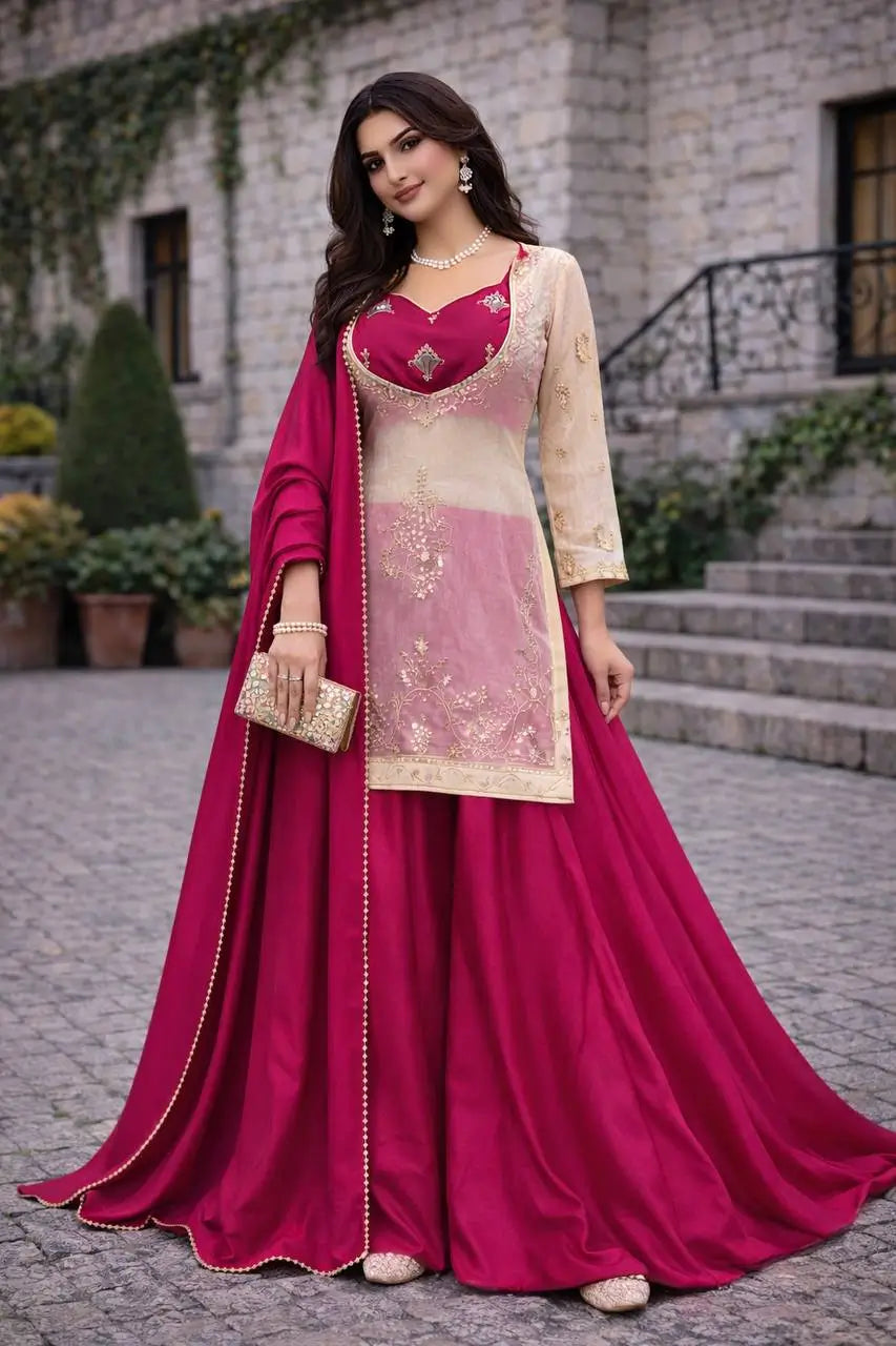 Embroidered Chinon Silk Palazzo Suit Set