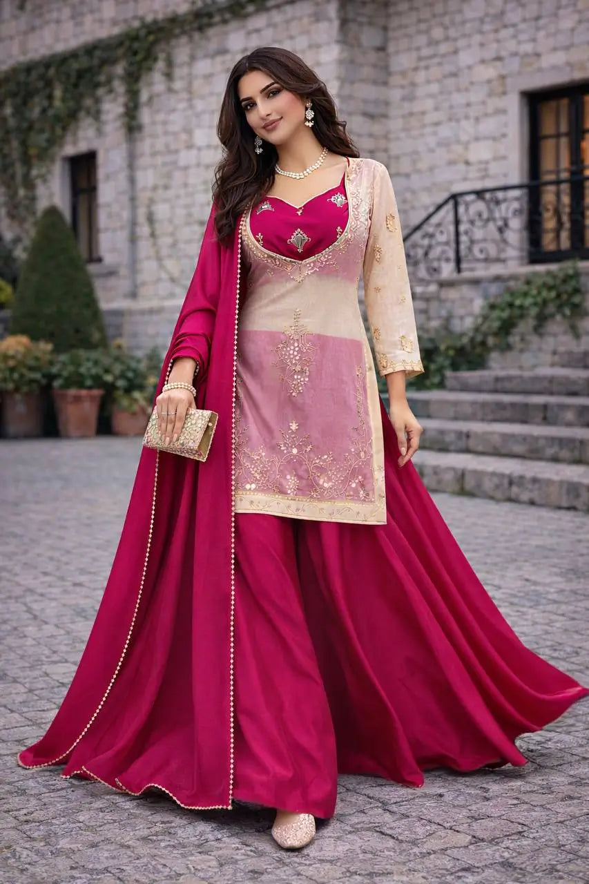 Embroidered Chinon Silk Palazzo Suit Set