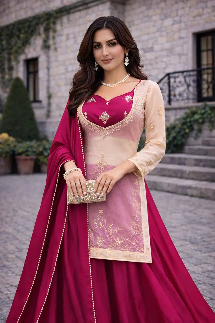 Embroidered Chinon Silk Palazzo Suit Set