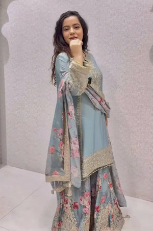 Embroidered Chinon Silk Palazzo Suit Set