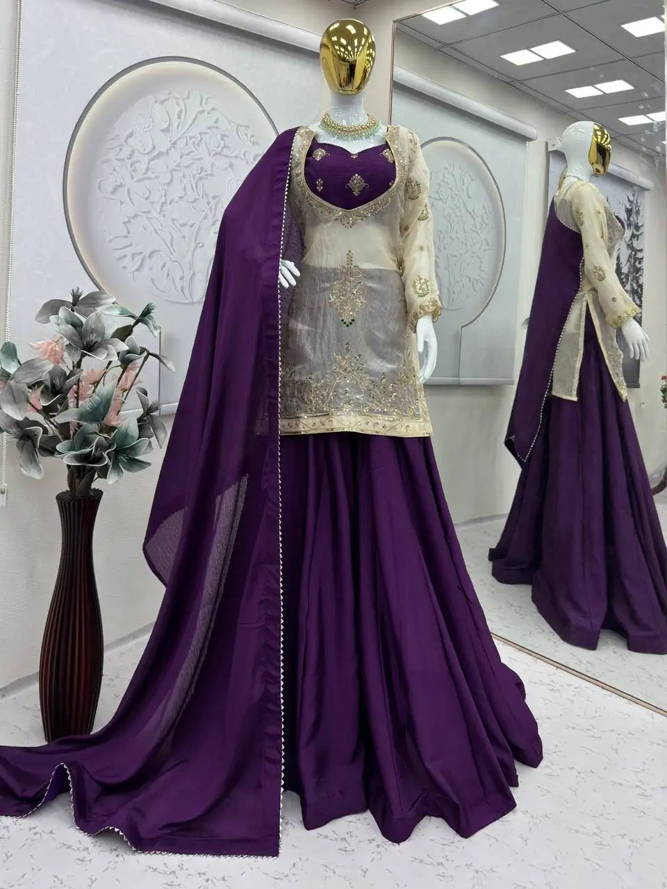 Embroidered Chinon Silk Palazzo Suit Set