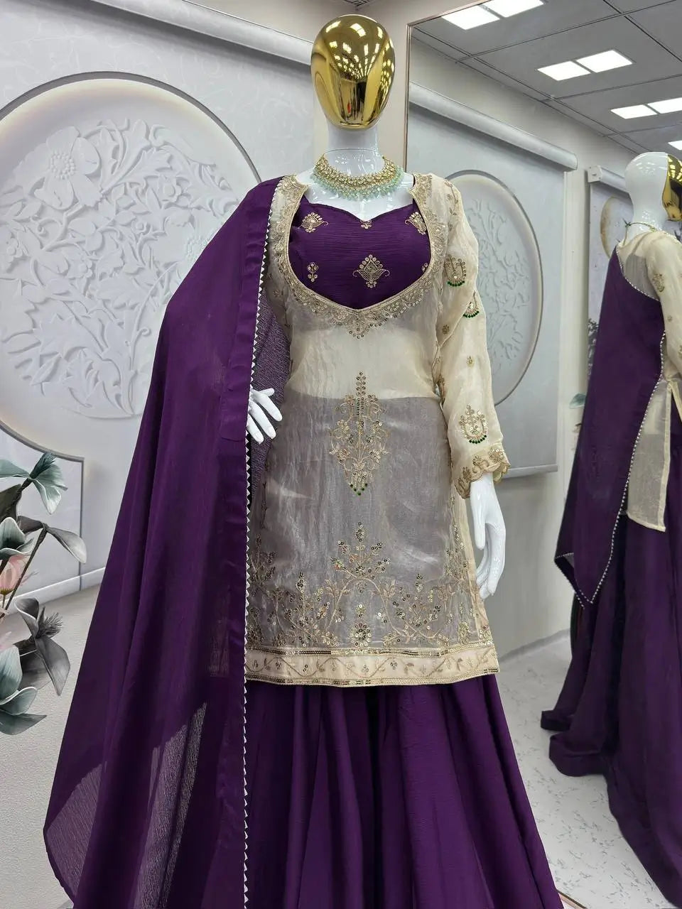 Embroidered Chinon Silk Palazzo Suit Set