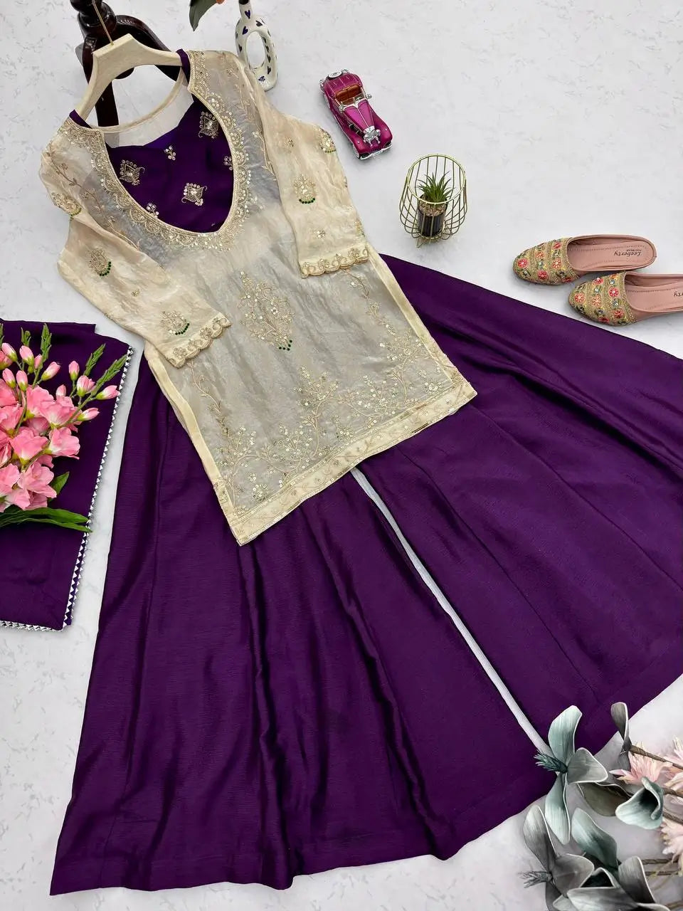 Embroidered Chinon Silk Palazzo Suit Set