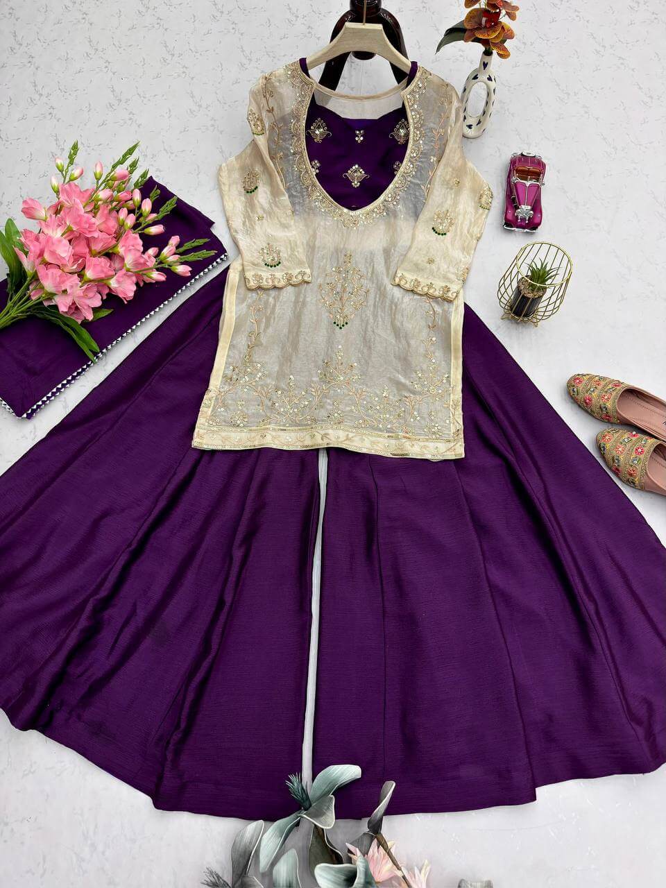 Embroidered Chinon Silk Palazzo Suit Set