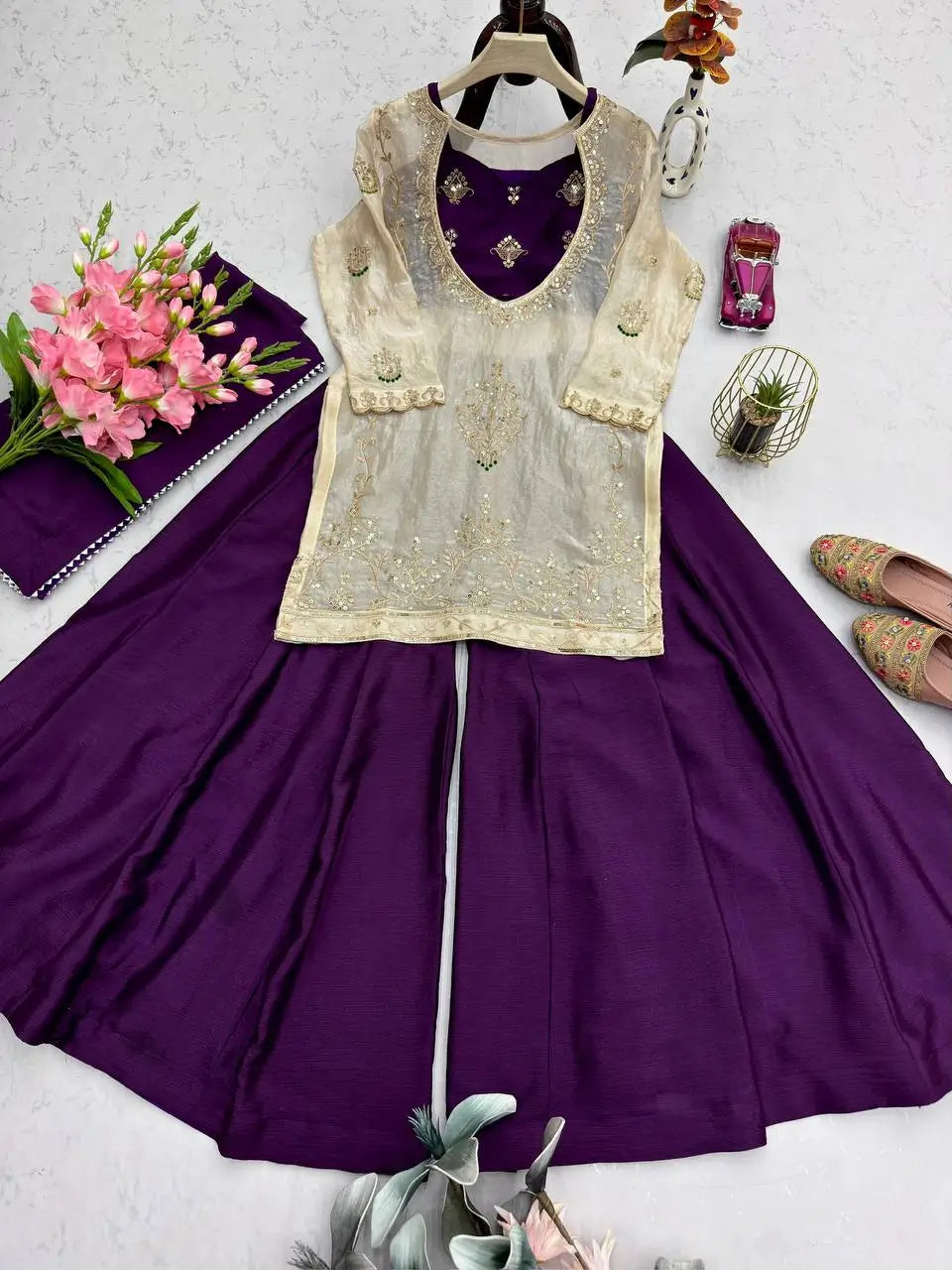 Embroidered Chinon Silk Palazzo Suit Set