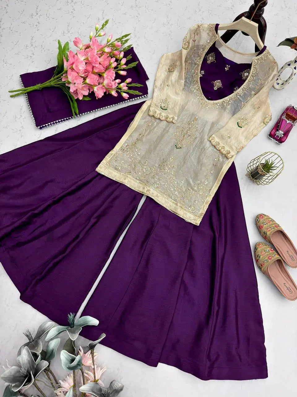 Embroidered Chinon Silk Palazzo Suit Set