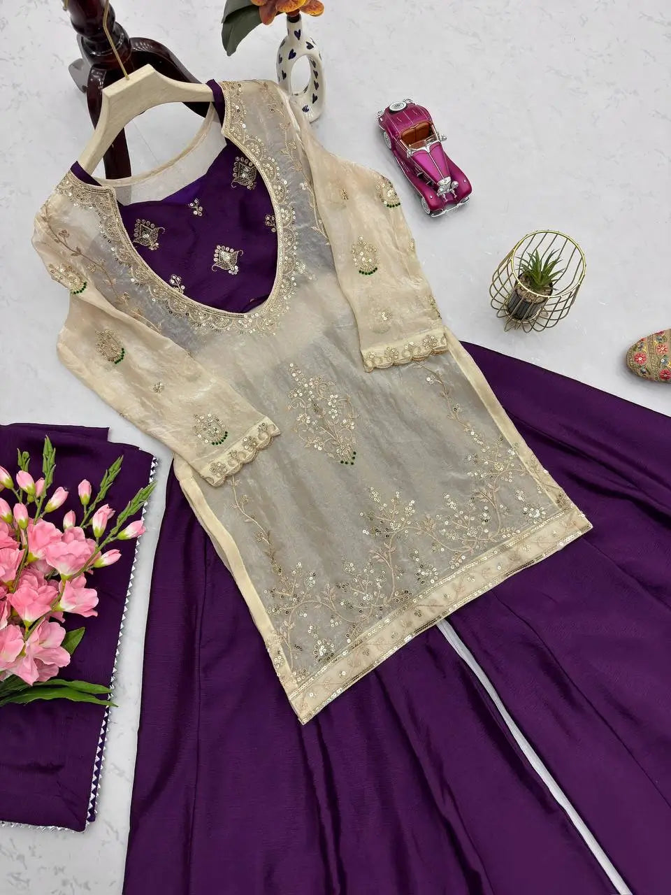 Embroidered Chinon Silk Palazzo Suit Set