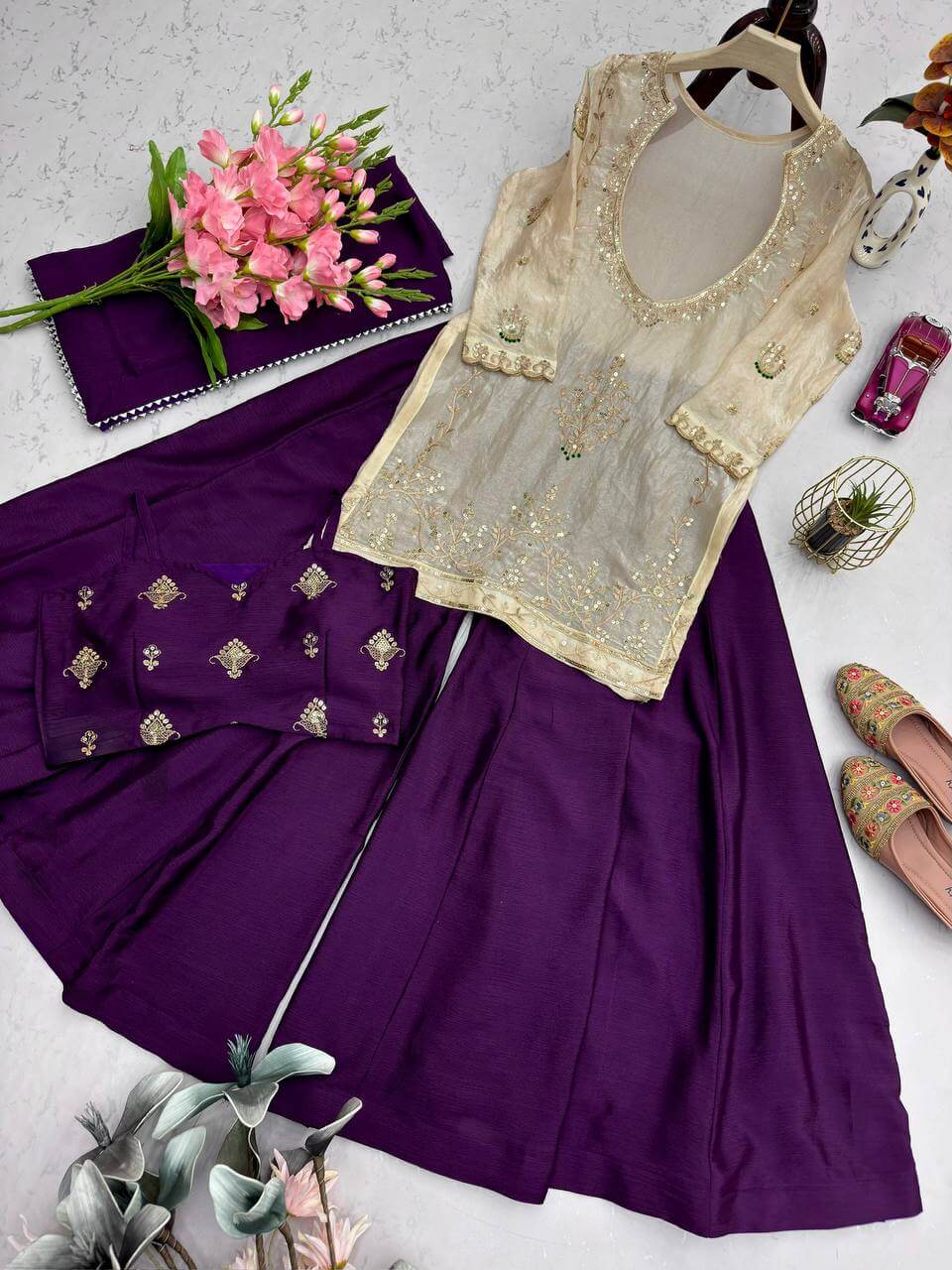 Embroidered Chinon Silk Palazzo Suit Set