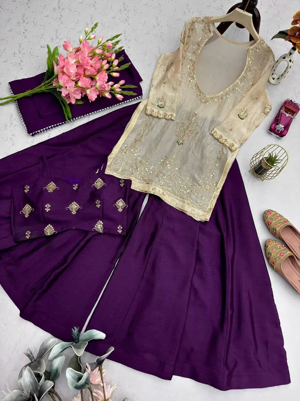 Embroidered Chinon Silk Palazzo Suit Set