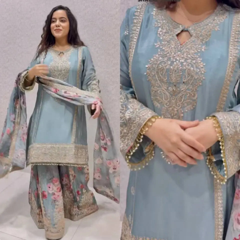 Embroidered Chinon Silk Palazzo Suit Set