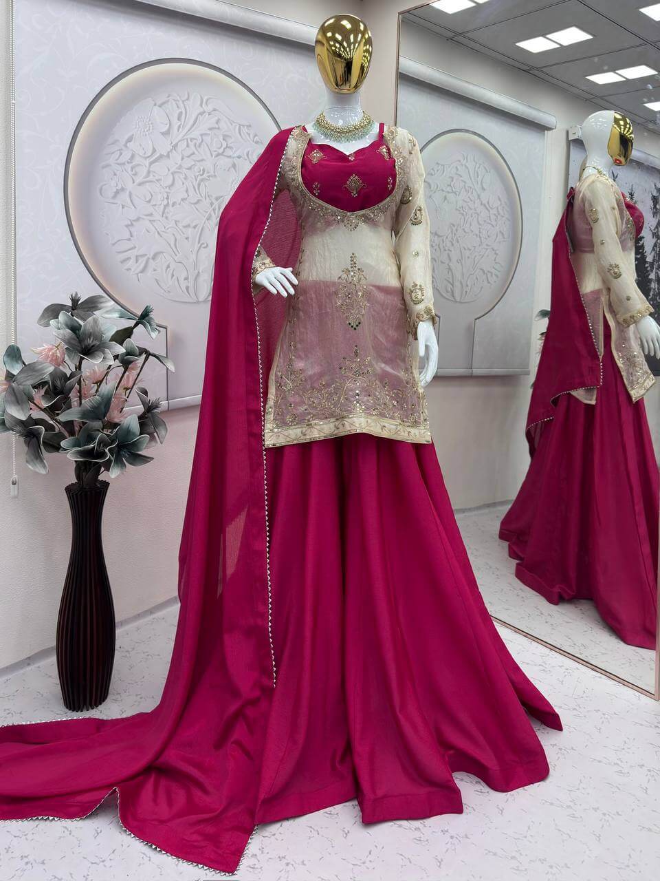 Embroidered Chinon Silk Palazzo Suit Set