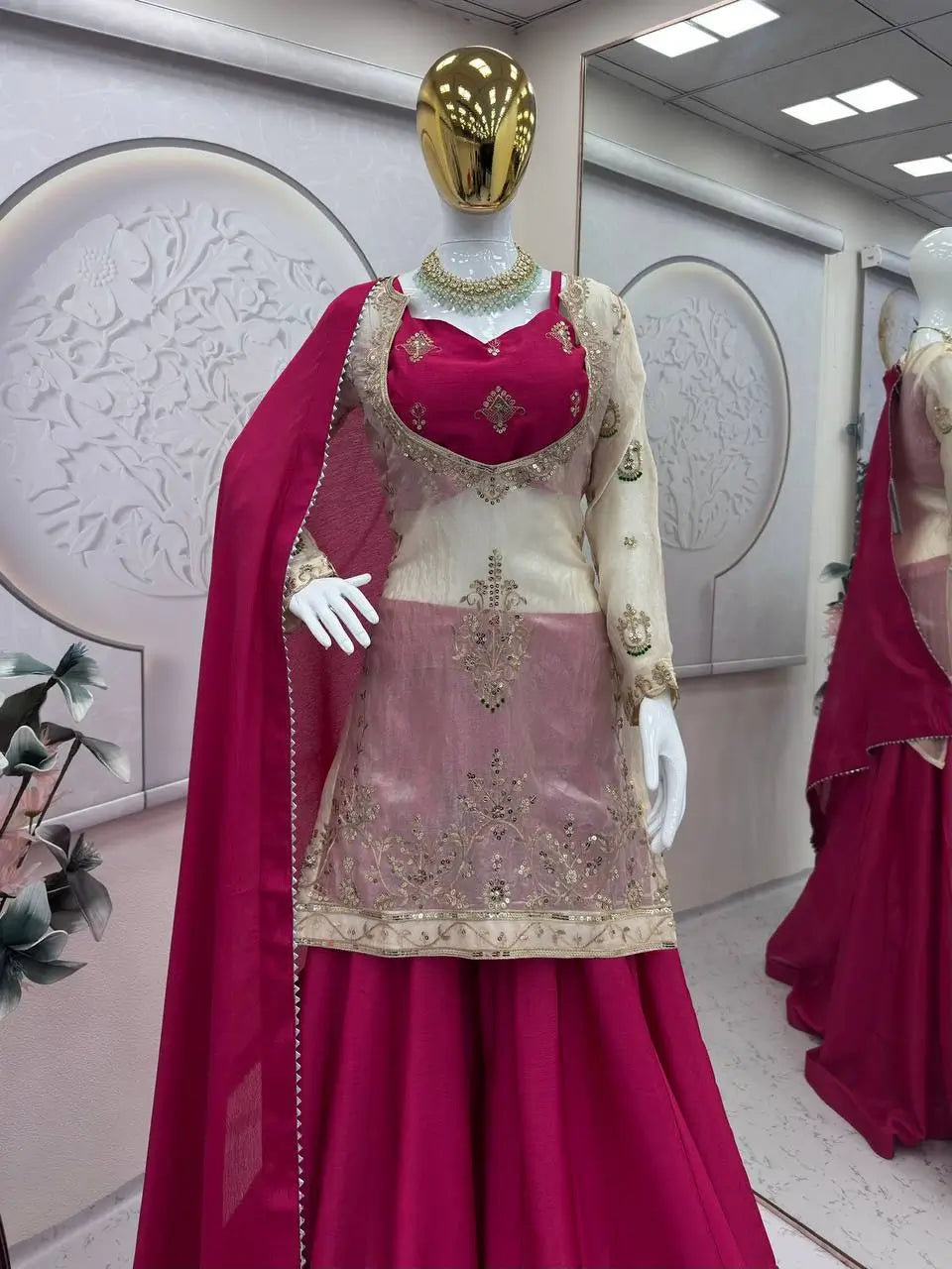 Embroidered Chinon Silk Palazzo Suit Set