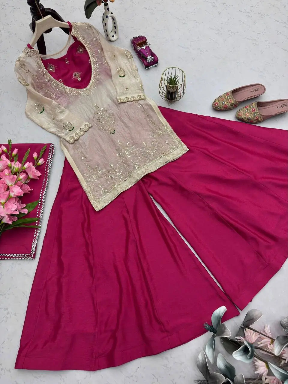 Embroidered Chinon Silk Palazzo Suit Set