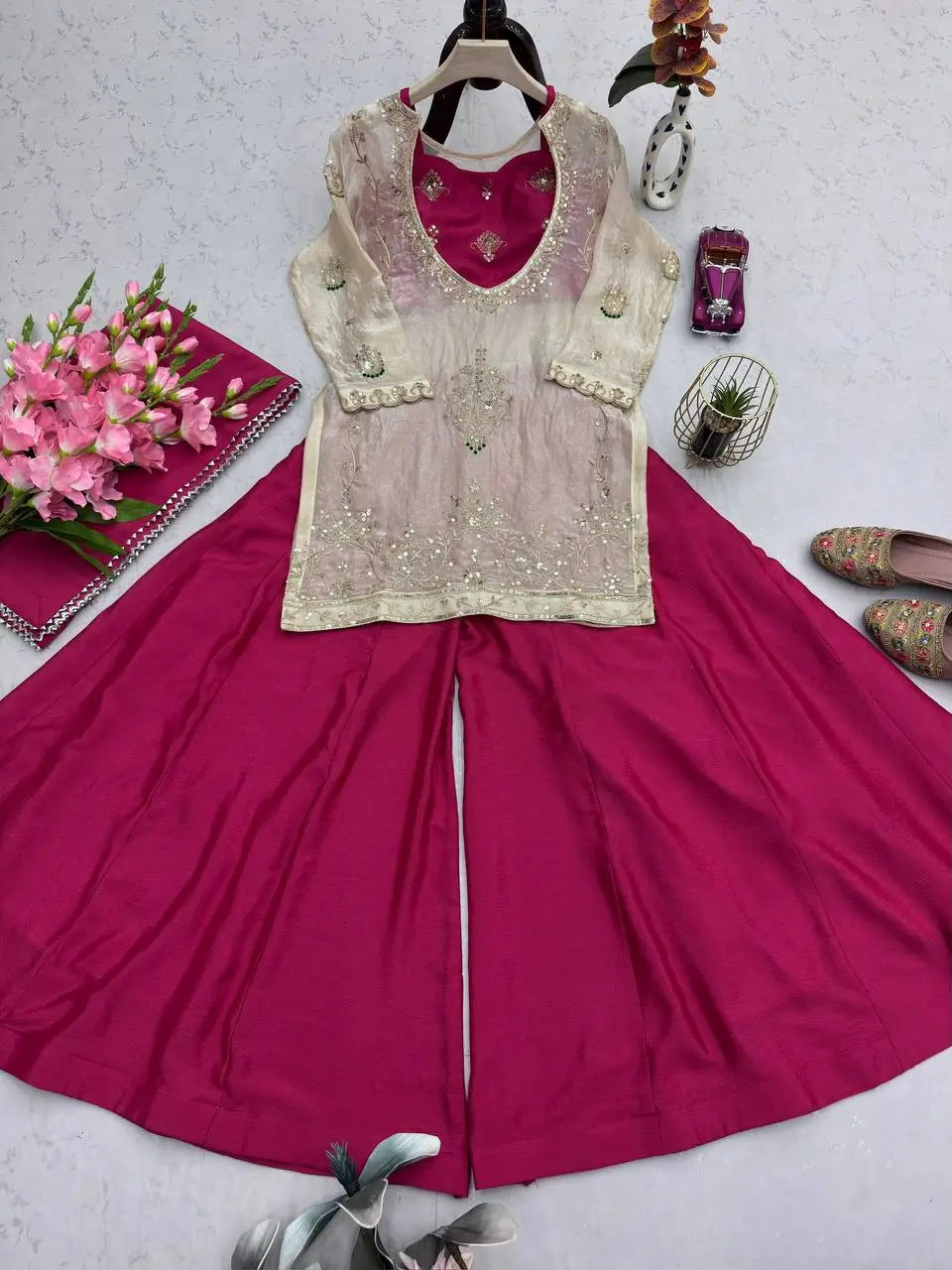 Embroidered Chinon Silk Palazzo Suit Set
