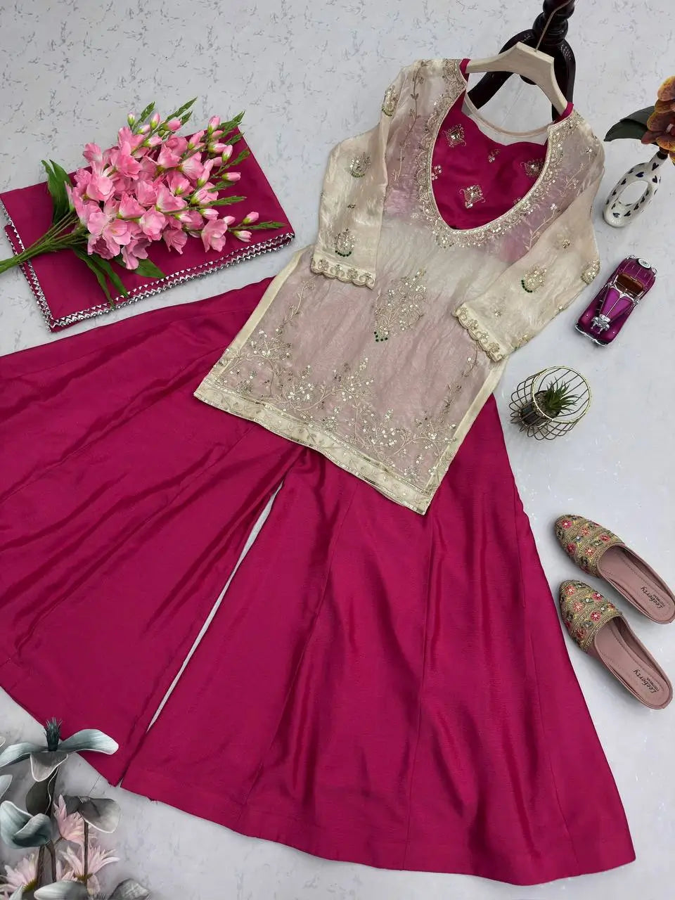 Embroidered Chinon Silk Palazzo Suit Set