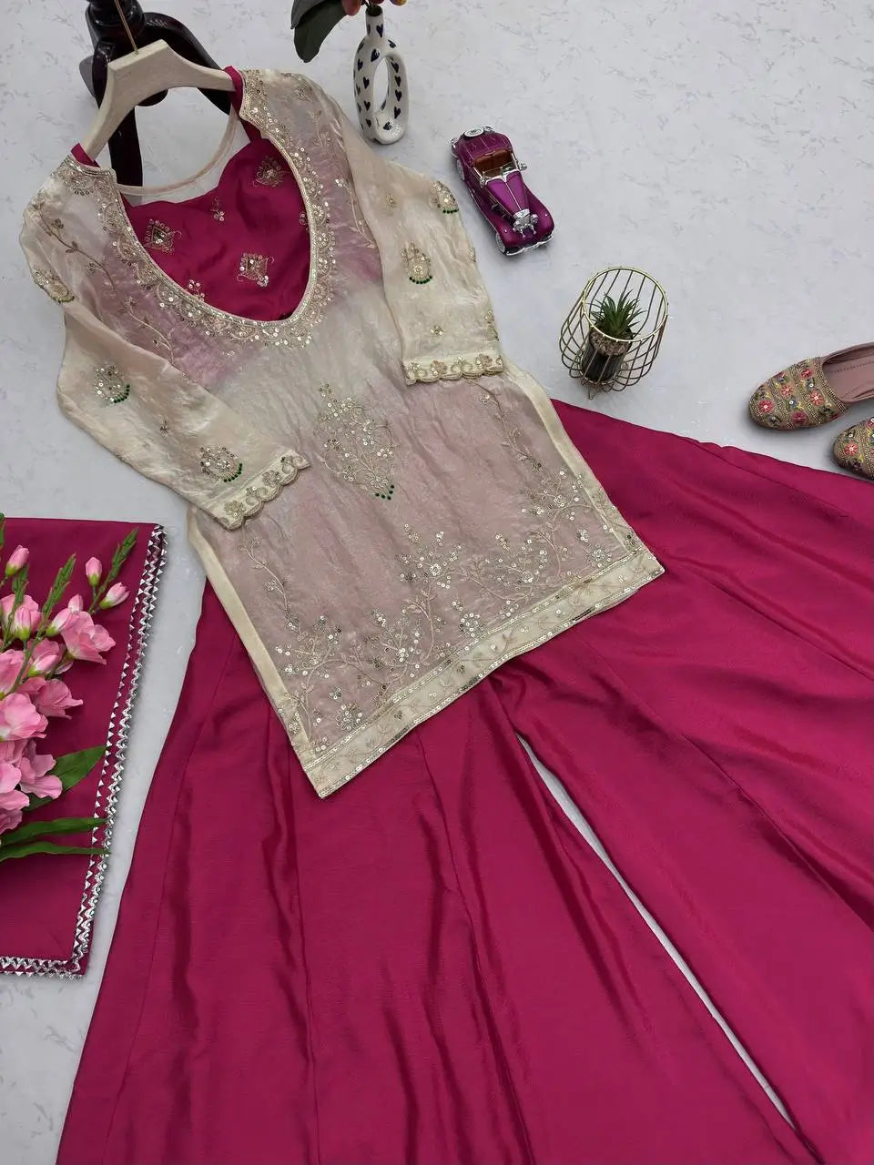 Embroidered Chinon Silk Palazzo Suit Set