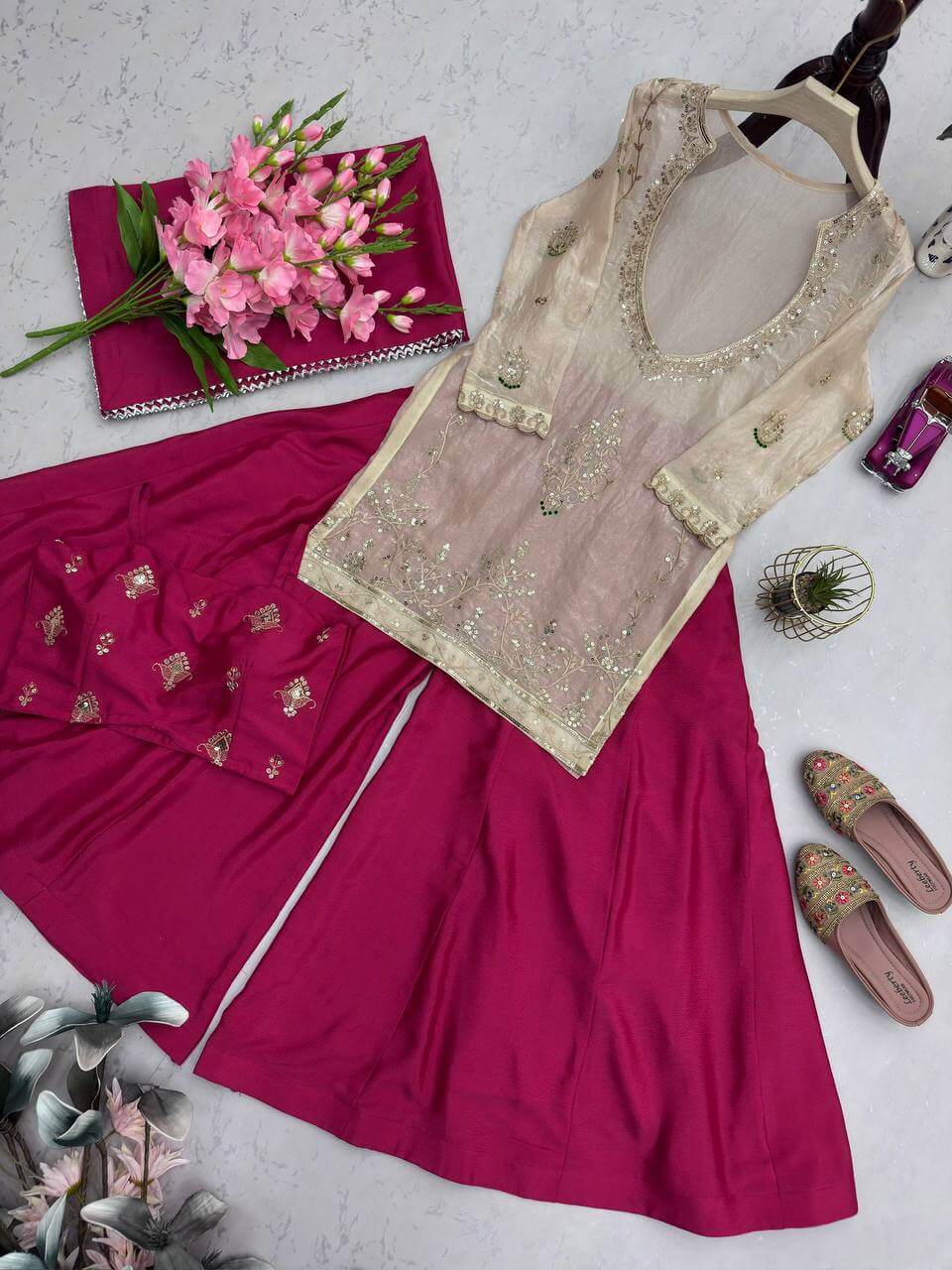 Embroidered Chinon Silk Palazzo Suit Set