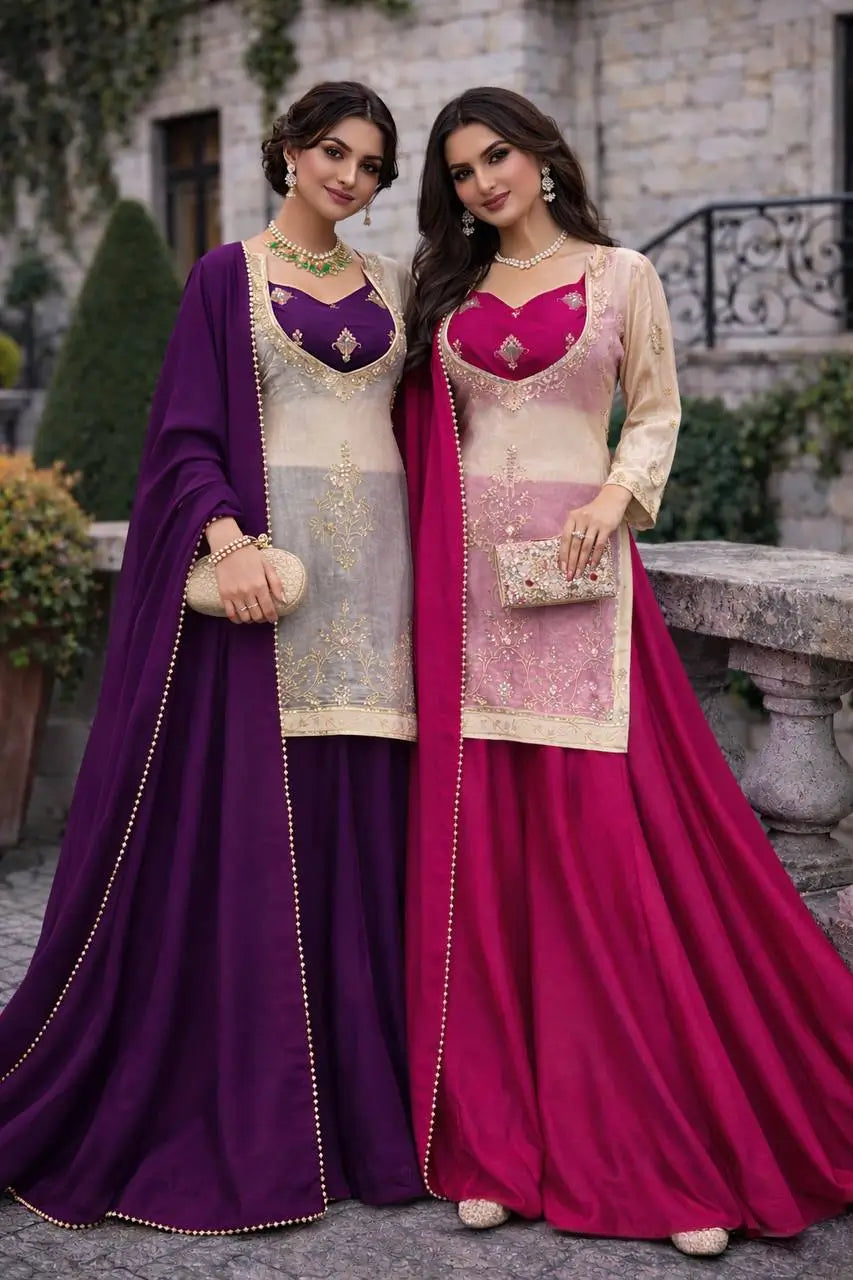 Embroidered Chinon Silk Palazzo Suit Set