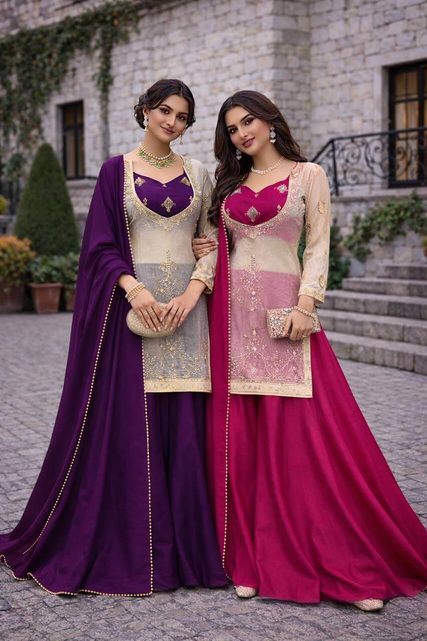 Embroidered Chinon Silk Palazzo Suit Set