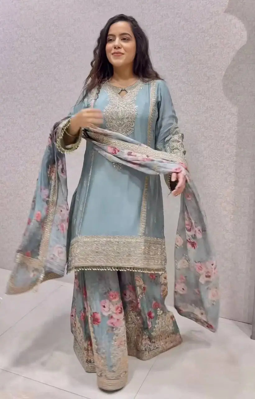 Embroidered Chinon Silk Palazzo Suit Set