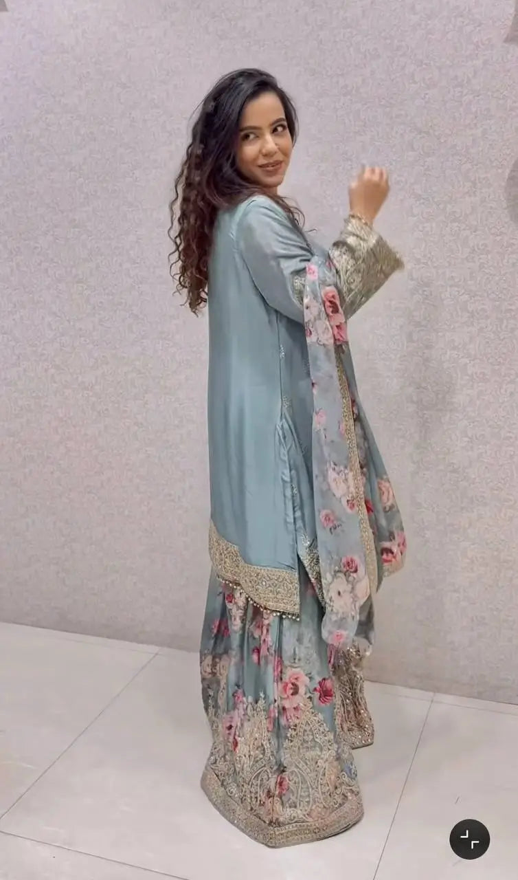 Embroidered Chinon Silk Palazzo Suit Set