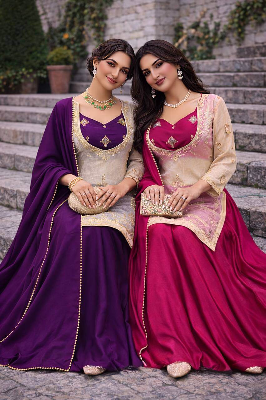 Embroidered Chinon Silk Palazzo Suit Set