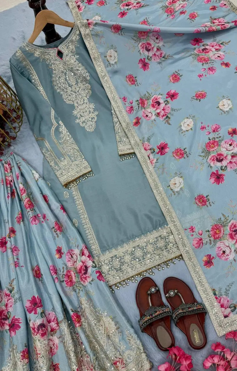 Embroidered Chinon Silk Palazzo Suit Set