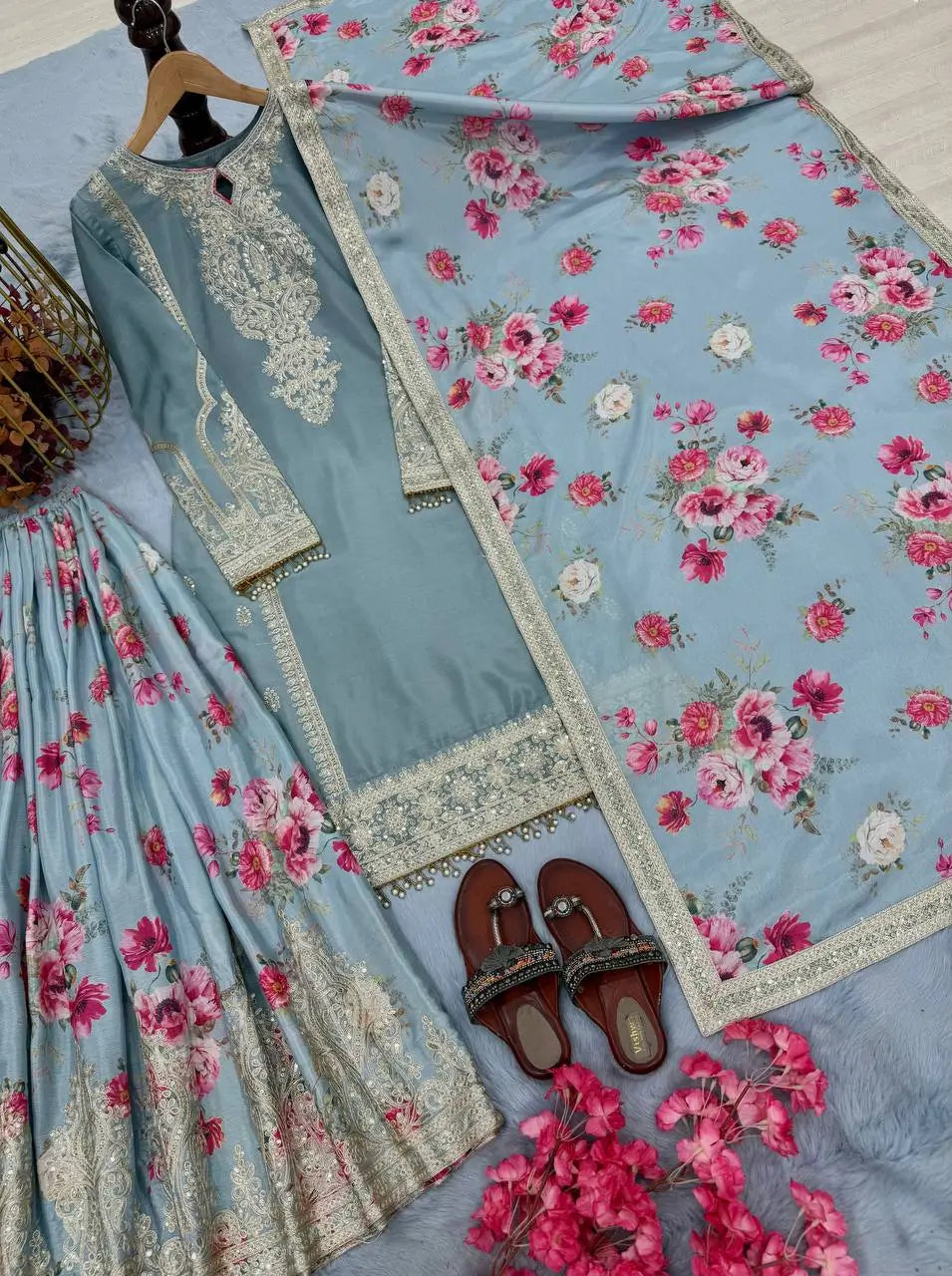 Embroidered Chinon Silk Palazzo Suit Set