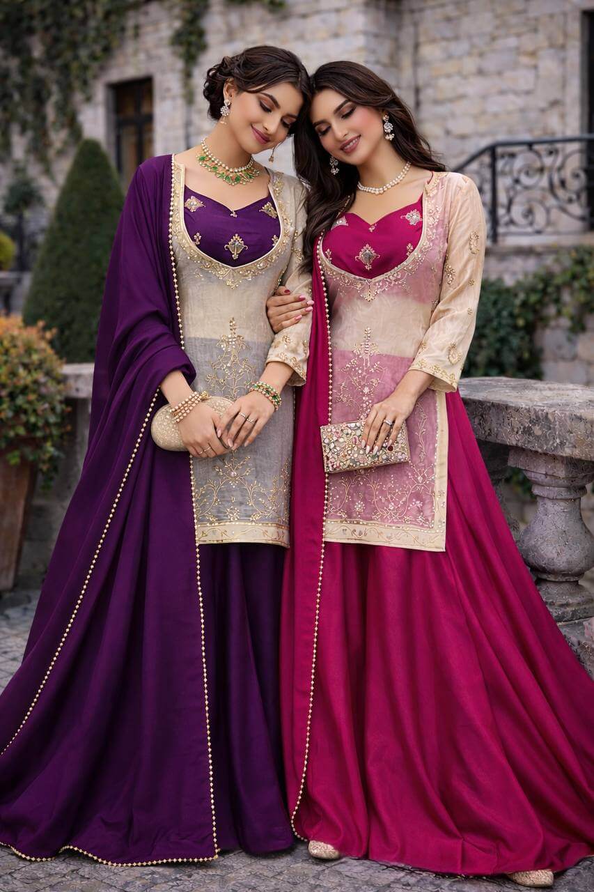 Embroidered Chinon Silk Palazzo Suit Set